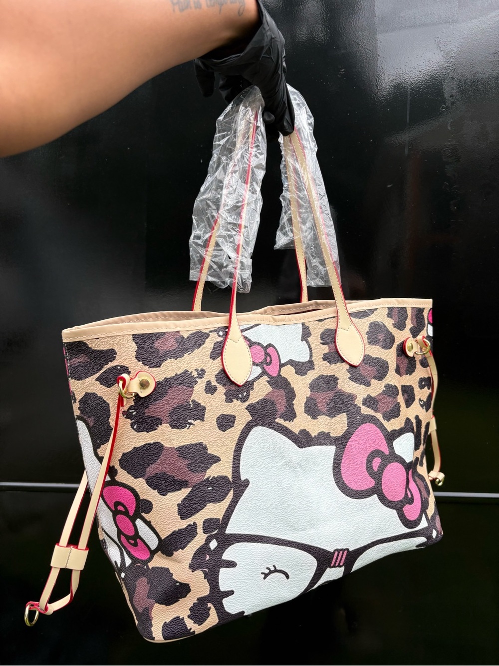 Hello Kitty Leopard Print Tote in Beige, Pink and Black